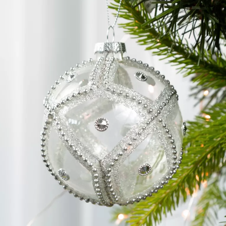 Szklana bombka z geometrycznym wzorem art deco zdobiona ręcznie