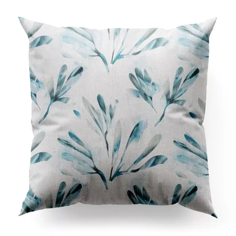 Poszewka szyta DARREN kremowo turkusowa z półprzezroczystej tkaniny o luźnym splocie drukowanej w roślinny wzór