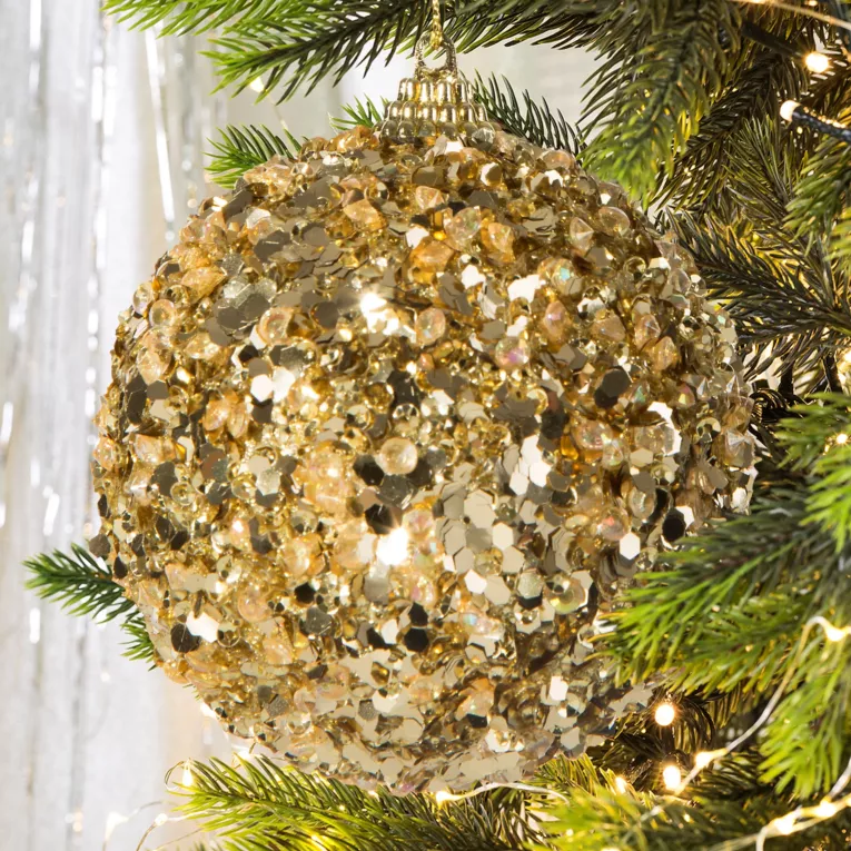 Bombka choinkowa złota obsypana cekinami i kryształkami