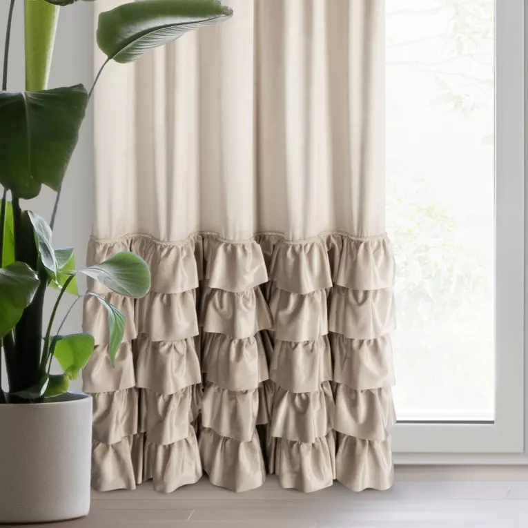 Zasłona welwetowa beżowa zdobiona falbanami i lśniącymi akcentami 140x270 cm taśma - CARLI