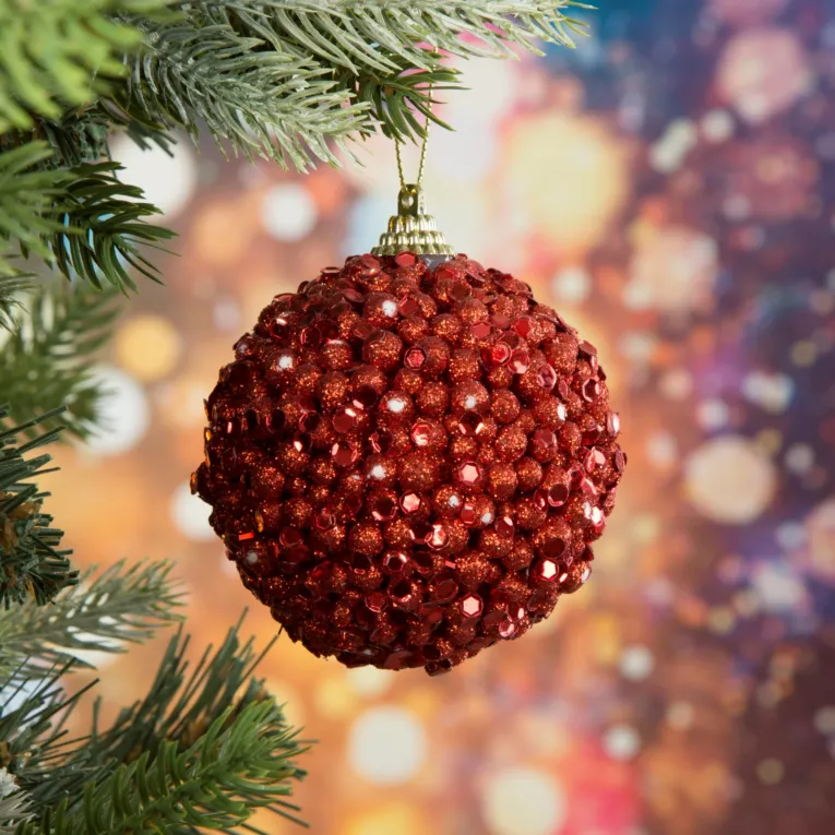 Bombka choinkowa z drobnych kuleczek obsypana lśniącym brokatem i kryształkami