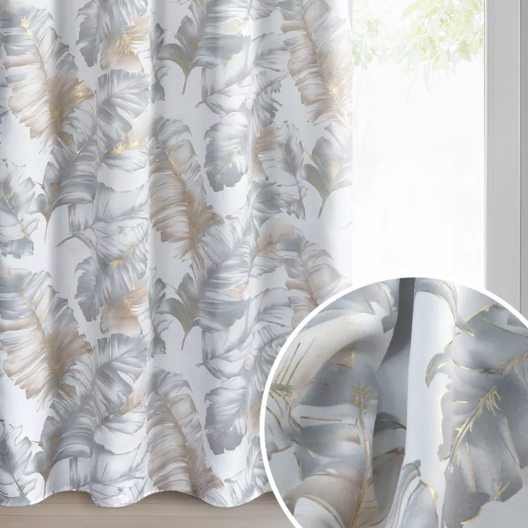 Zasłona biało, srebrna zaciemniająca zdobiona nadrukiem liści z szampańskim wykończeniem 140x250 cm przelotki - LAYLA3