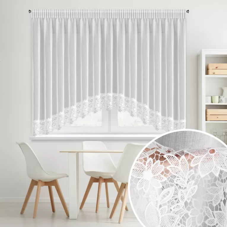 Firana biała łuk z etaminy zdobiona ażurową koronką 400x160 cm, taśma - ARTEMIDA
