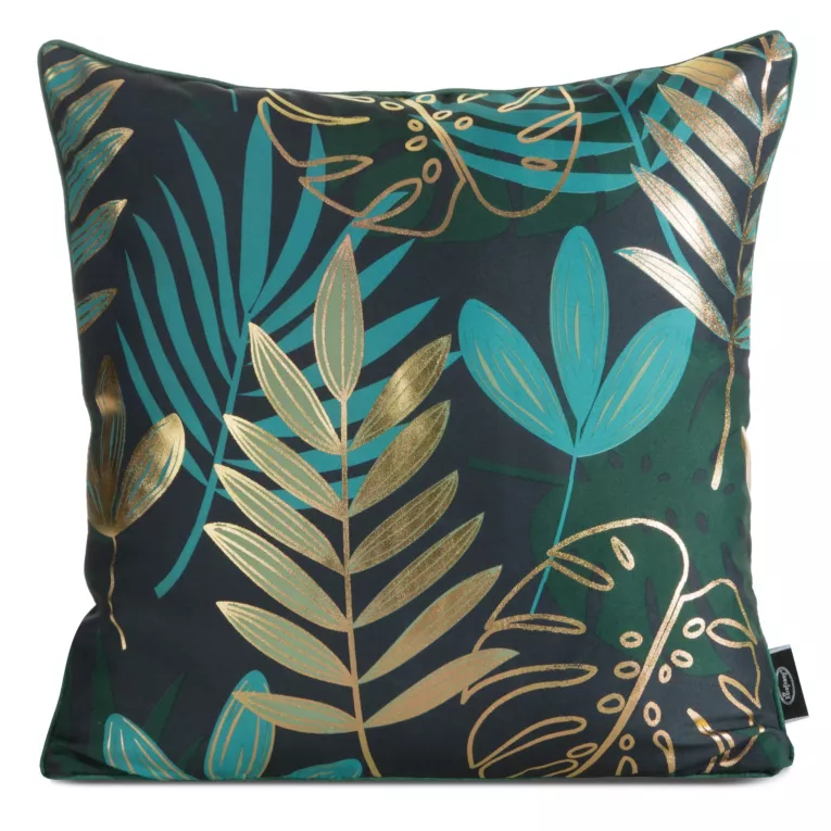 Poszewka na poduszkę 45x45 cm z tkaniny typu oxford ciemnozielona zdobiona złotymi egzotycznymi liśćmi MALTA