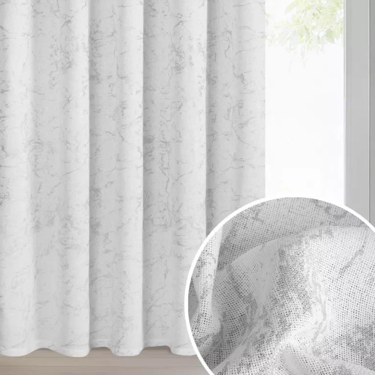 Zasłona biało, srebrna z nadrukiem marmurku o naturalnym splocie 140x270 cm taśma - MARLENE