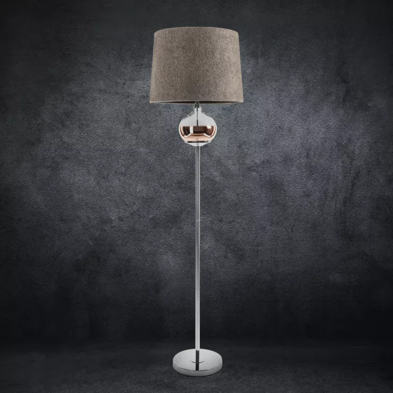 Lampa stojąca do pokoju beżowo, srebrna AMORA z matowym abażurem o widocznym splocie