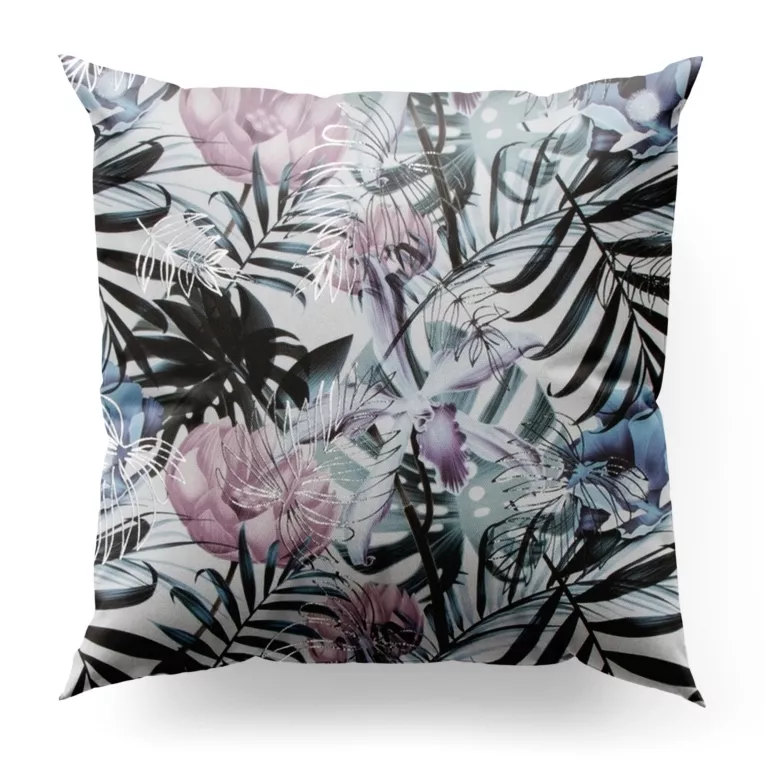 Poszewka szyta biało różowa miękka, welwetowa, z nadrukowanym motywem botanicznym i srebrnymi elementami