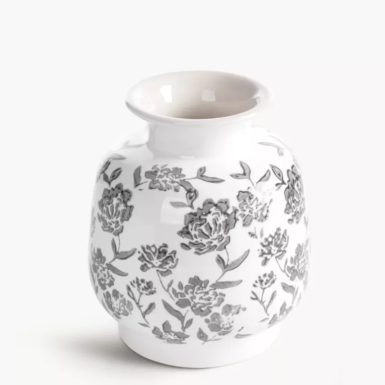 Wazon dekoracyjny biało, granatowa zdobiony roślinnym motywem 16x19 cm VIVIAN