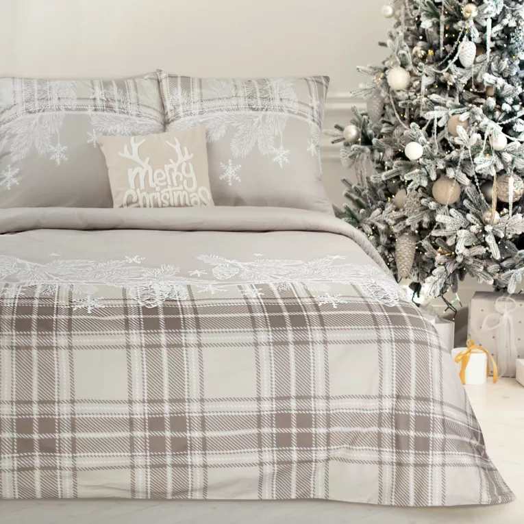 Pościel świąteczna 140x200 bawełniana kolor beżowy, jasnobrązowy z motywem kraty HOLLY