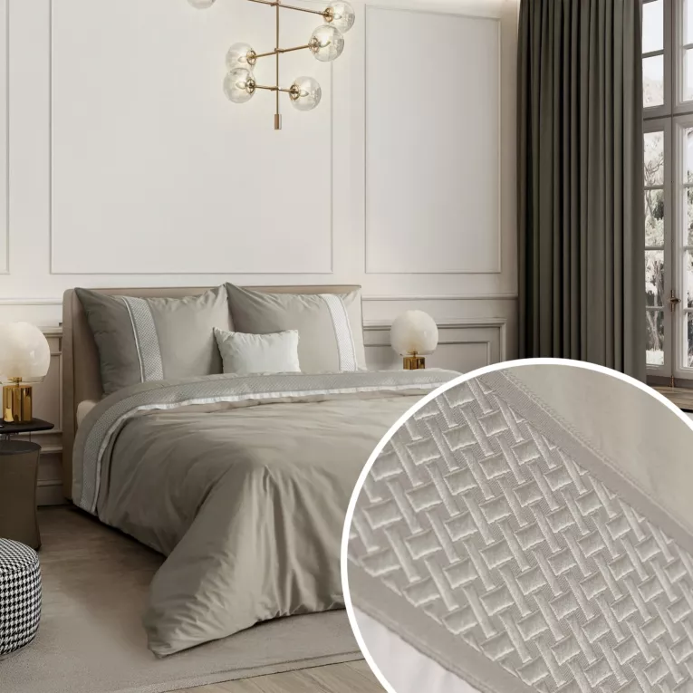 Pościel 160x200 cm komplet 3 częściowy z bawełny ranforce kolor szary, biały zdobiona aplikacją z haftem REINA 39