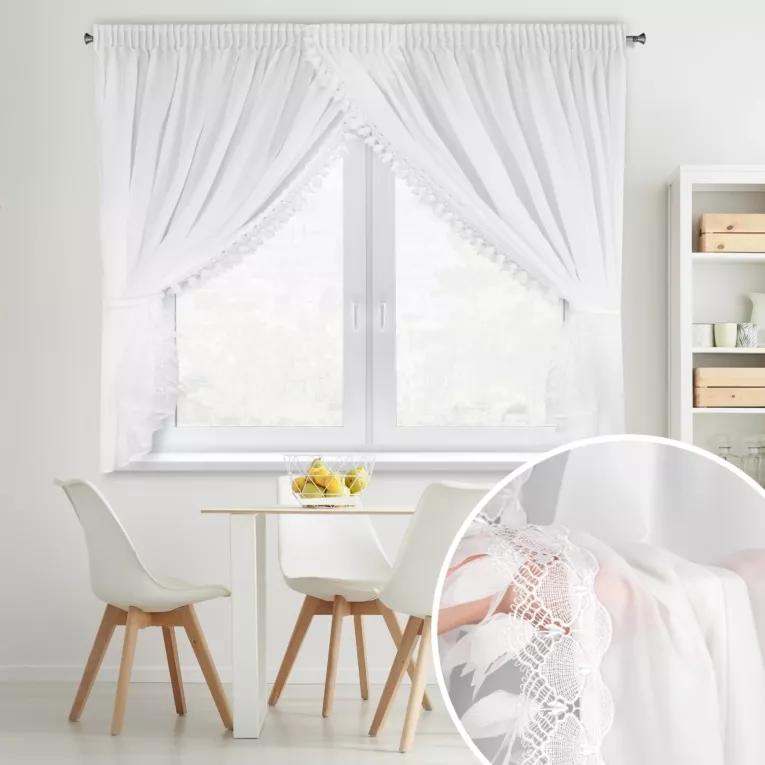 Firana biała z szyfonu zdobiona aplikacją w zestawie troczki 400x160 cm taśma  - LORETA