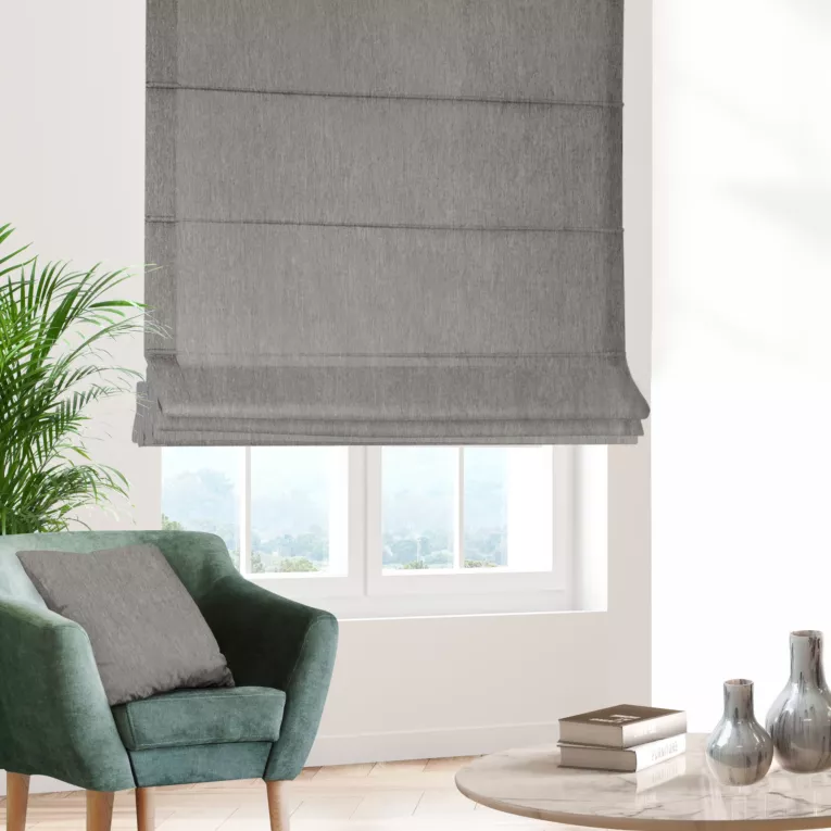 Roleta rzymska szara z miękkiej szenilowej tkaniny z efektem melanżu