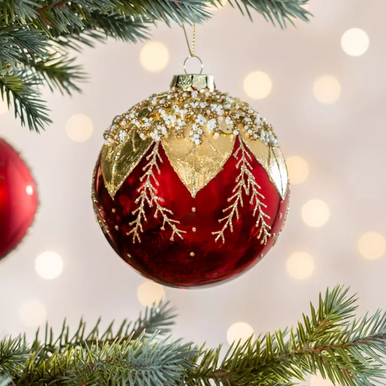 Szklana bombka ręcznie zdobiona wzorem liści z dodatkiem kryształków