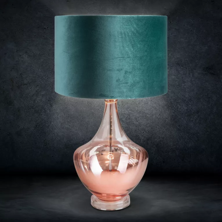 Lampa stołowa do pokoju szałwiowo, miedziana SALVIA na szklanej podstawie z efektem ombre z welwetowym abażurem LIMITED COLLECTION
