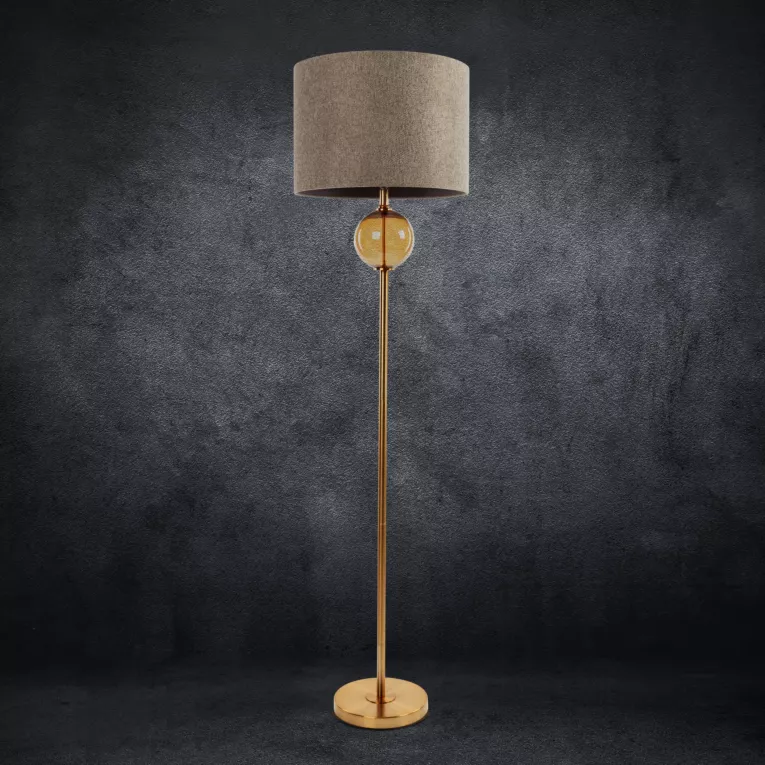 Lampa stojąca do pokoju beżowo, złota LEONA z matowym abażurem o widocznym splocie