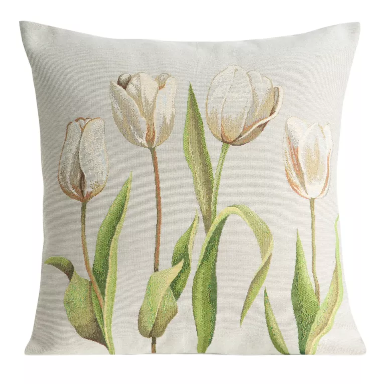 Poszewka na poduszkę 45x45 cm bawełniana, gobelinowa popielato, kremowa z kwiatowym motywem GOB