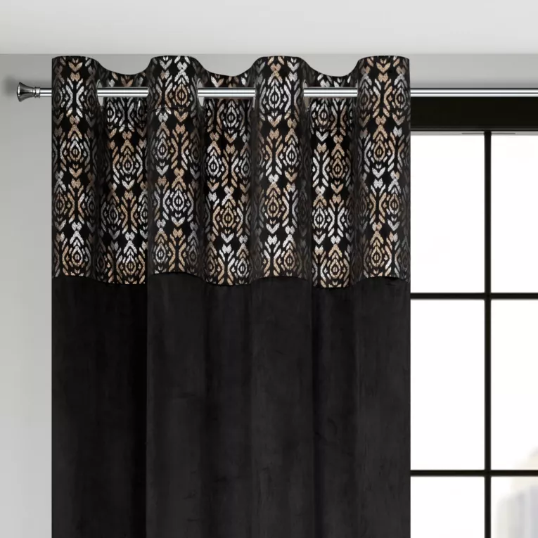 Zasłona czarno, złota z dekoracyjnym pasem z welwetu 140x250 cm przelotka - LIZA