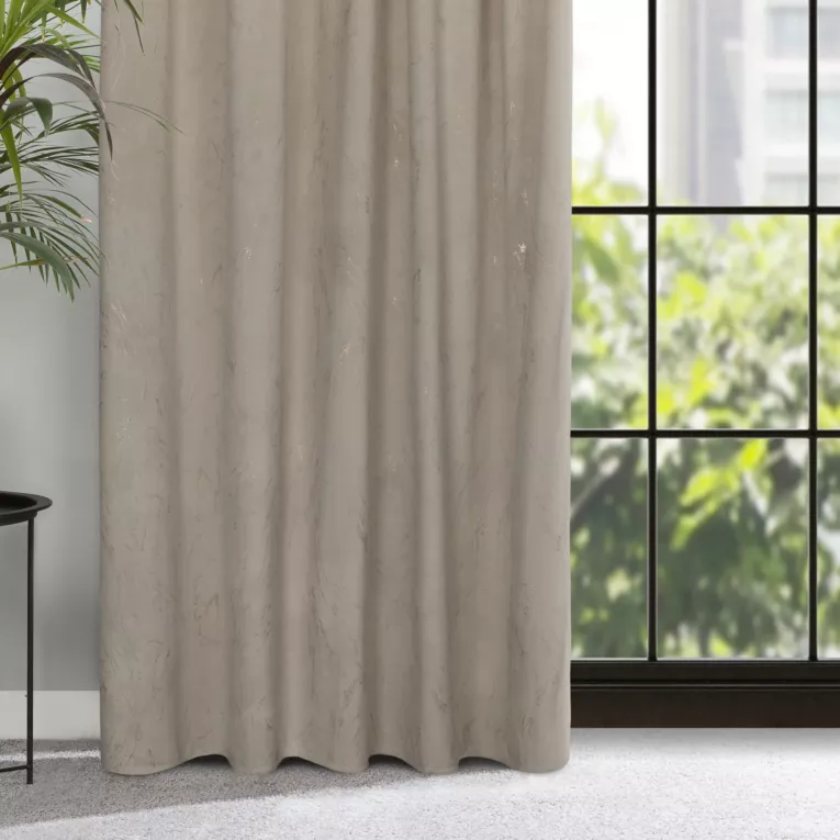 Zasłona welwetowa beżowa ze złotym wzorem przecierki 140x300 cm taśma - NADIA