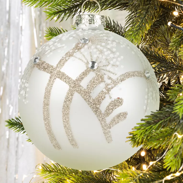 Bombka choinkowa ręcznie zdobiona brokatowym motywem z kryształkami