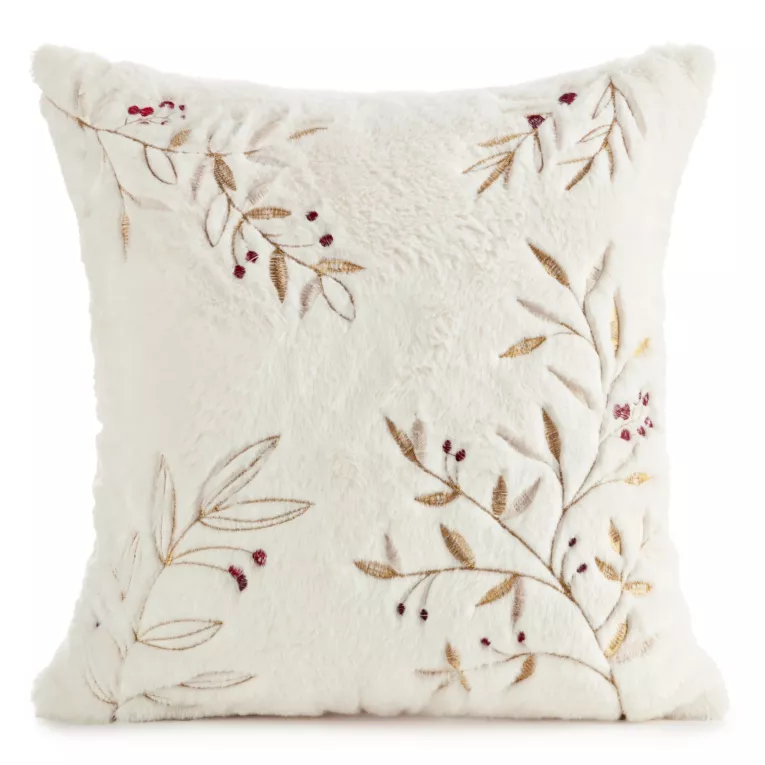 Poszewka na poduszkę świąteczna 45x45 cm kremowo, złota z przyjemnego futerka zdobiona haftem gałązek