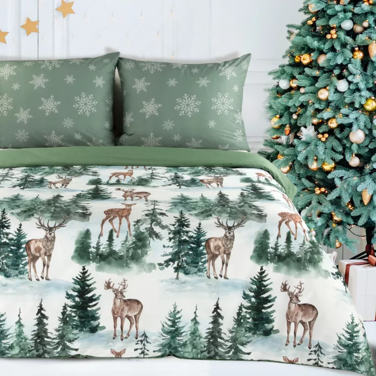 Pościel świąteczna 160x200 cm bawełniana kolor jasnozielony, biały z motywem zimowego lasu FOREST