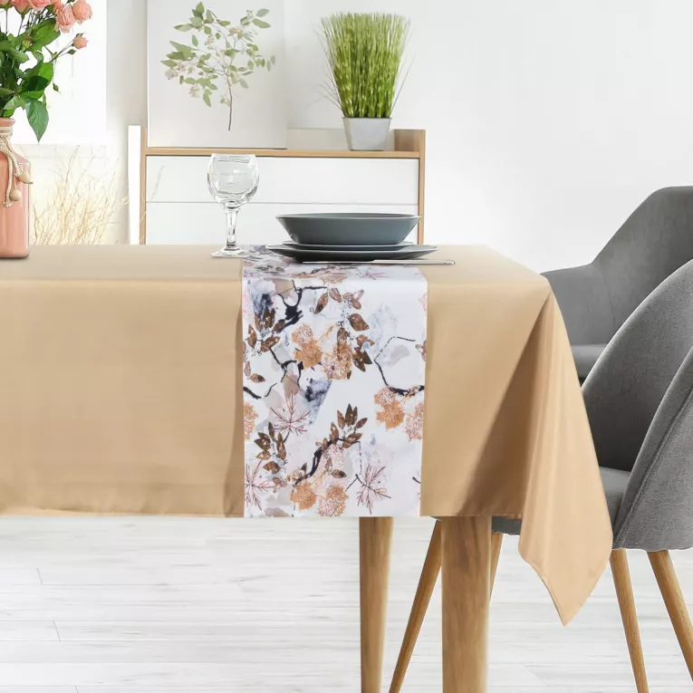Komplet obrus z bieżnikiem złoto, biały 140x300 cm ANITA 5 zdobiony subtelnym wzorem liści