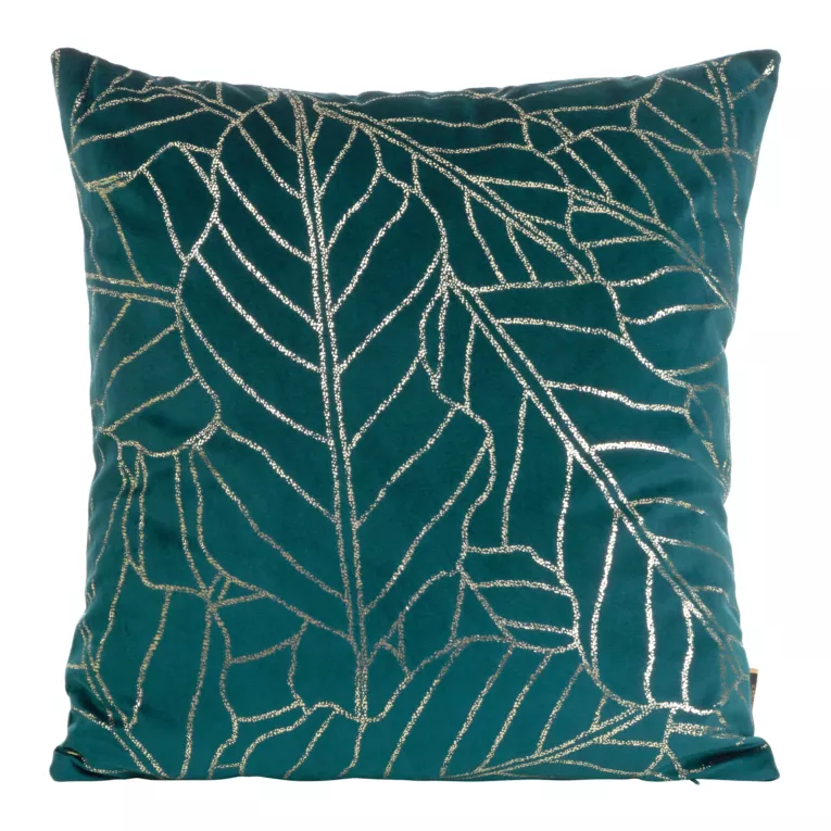 Poszewka na poduszkę 45x45 cm welwetowa ciemnoturkusowa z nadrukiem błyszczących liści BLINK 32