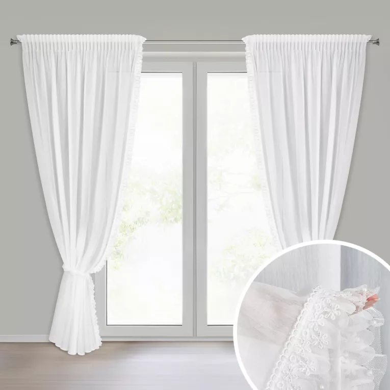 Komplet firan białych zdobionych aplikacją z gipiurą z perełkami 140x270 cm taśma+troczek ELENA