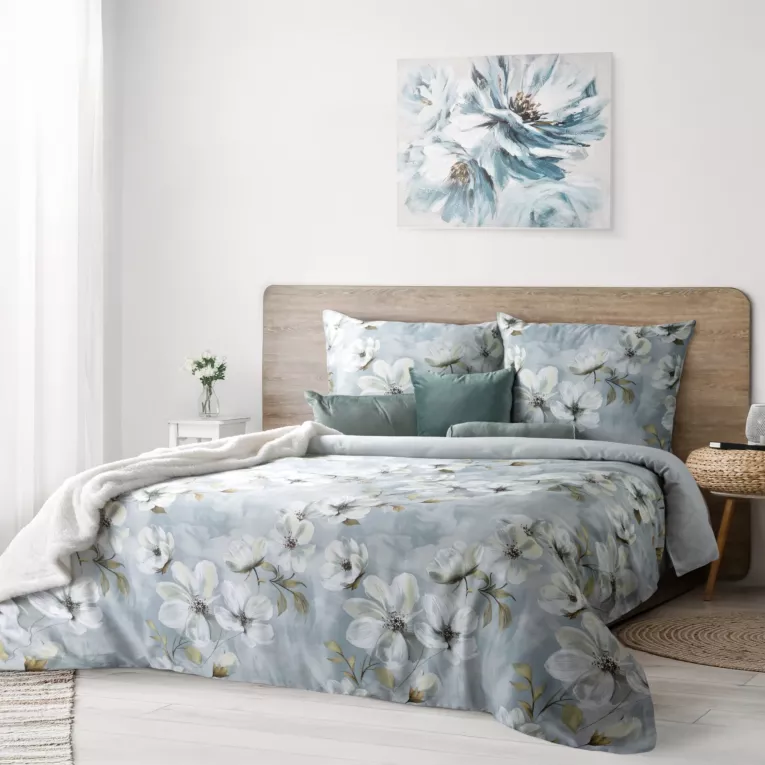 Pościel 140x200 cm komplet 2 częściowy satyna bawełniana kolor błękitno, biały z motywem roślinnym  SPRING 89