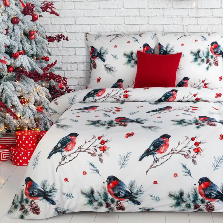 Pościel świąteczna 220x200 cm bawełniana kolor biały, granatowy z motywem ptaszków FINN