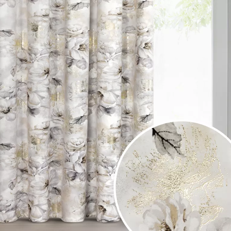 Zasłona jasnoszaro, beżowa z welwetu zdobiona szampańskimi akcentami  140x270 cm - LUIZA