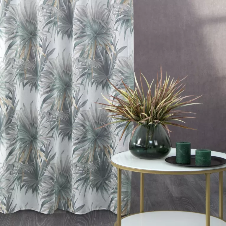 Zasłona półprzezroczysta z lekkiej matowej etaminy z nadrukiem liści