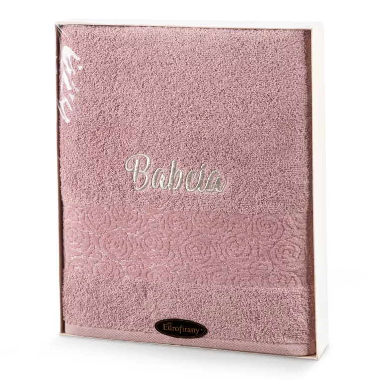 Zestaw upominkowy, ręcznik bawełniany 70x140 cm kolor różowy z haftem BABCIA