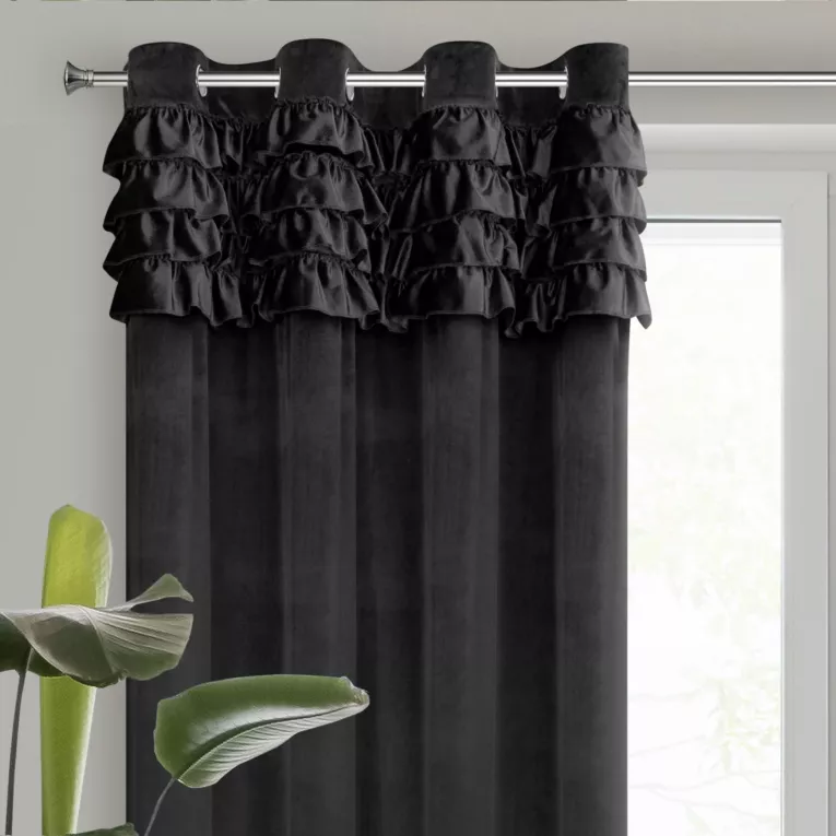 Zasłona welwetowa czarna zdobiona falbanami 140x250 cm przelotka - ERIN