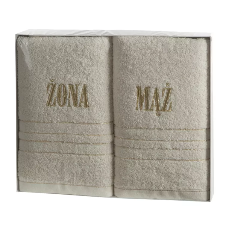 Zestaw ręczników bawełnianych na prezent 2 szt 50x90 cm kolor kremowy z subtelnym haftem ŻONA MĄŻ