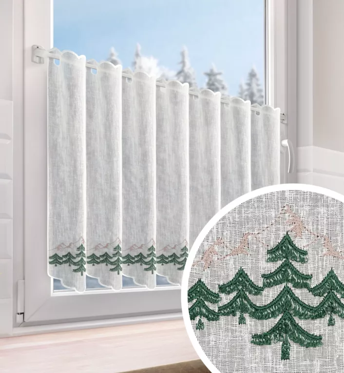 Tkanina firanowa zazdrostka z etaminy zdobiona świątecznym haftem z motywem choinek