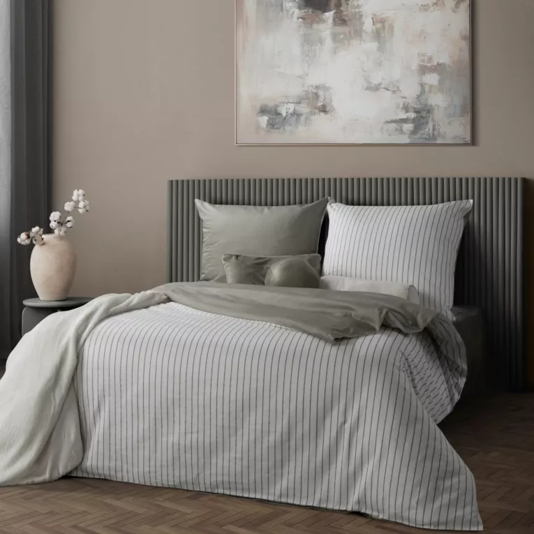 Pościel 140x200 cm komplet 2 częściowy z satyny bawełnianej kolor biało, stalowy w paseczki RAYA