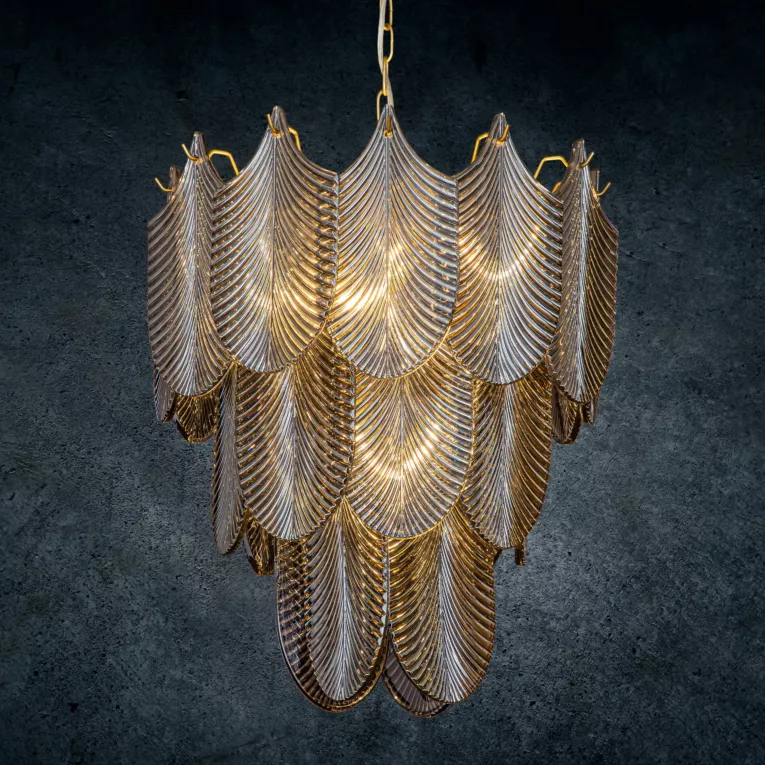 Lampa wisząca do salonu grafitowo, złota MELI ze szklanymi zawieszkami w formie liści z dymionego szkła