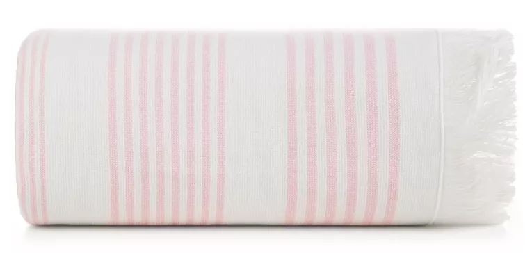 Ręcznik kąpielowy 90x170 cm bawełniany kolor różowy,biały z nadrukiem kontrastujących paseczków i frędzli 350 g/m2 KORFU