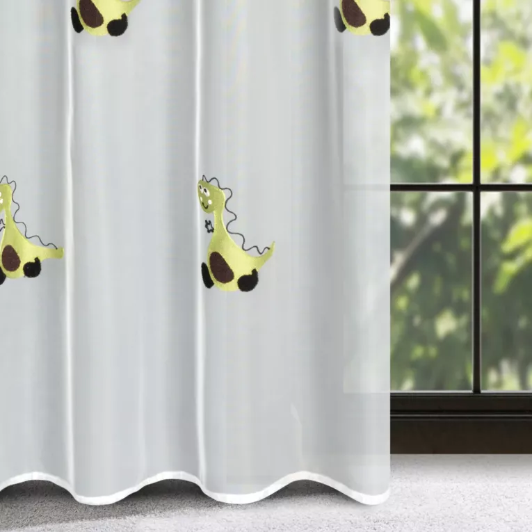 Firana biało, zielona z haftem z dinozaurami 140x250 cm przelotka DINO