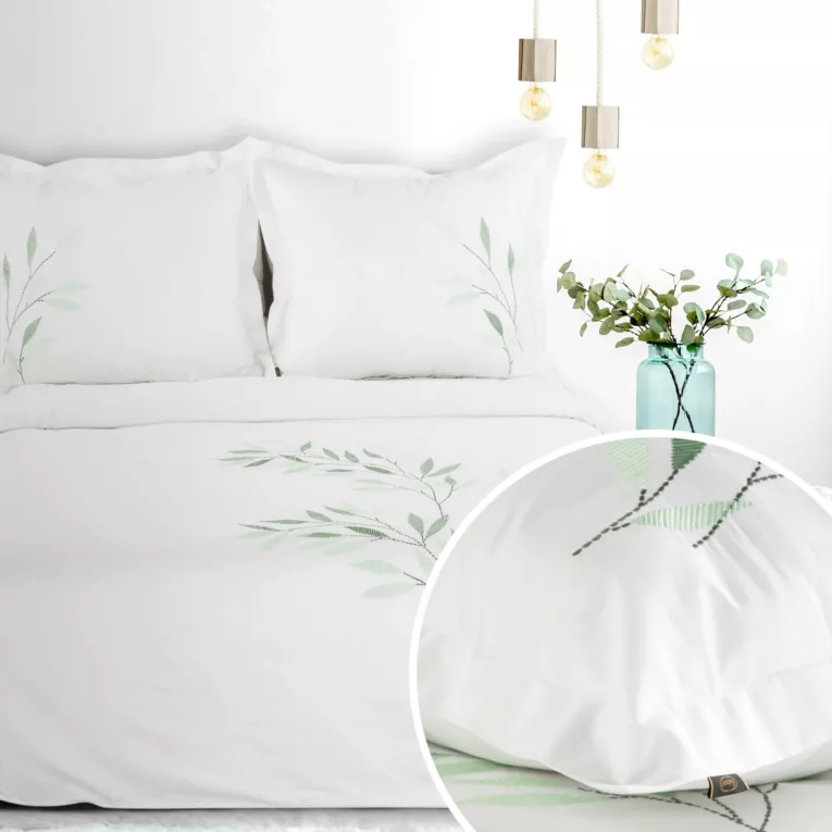 Pościel 220x200 cm komplet 3 częściowy bawełniana kolor biały, zielony zdobiona haftowanym wzorem listków Eurofirany Premium