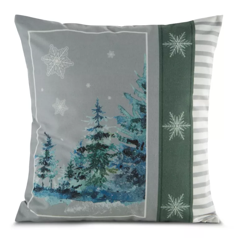 Poszewka na poduszkę 45x45 cm z świątecznym nadrukiem jasnoszaro, zielona FOREST
