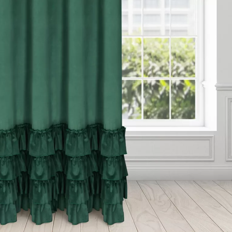 Zasłona welwetowa ciemnozielona zdobiona falbanami 140x250 przelotka - CHARLOTTE 1