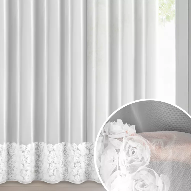 Firana biała z siateczki zdobiona aplikacją 3D w róże 350x250 cm przelotka - ROSES3 - Eva Minge