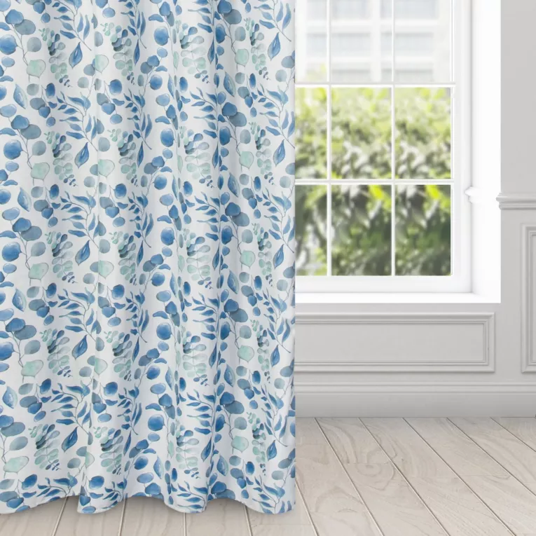 Zasłona biała w niebieskie liście 140x250 cm przelotka - ROSALI