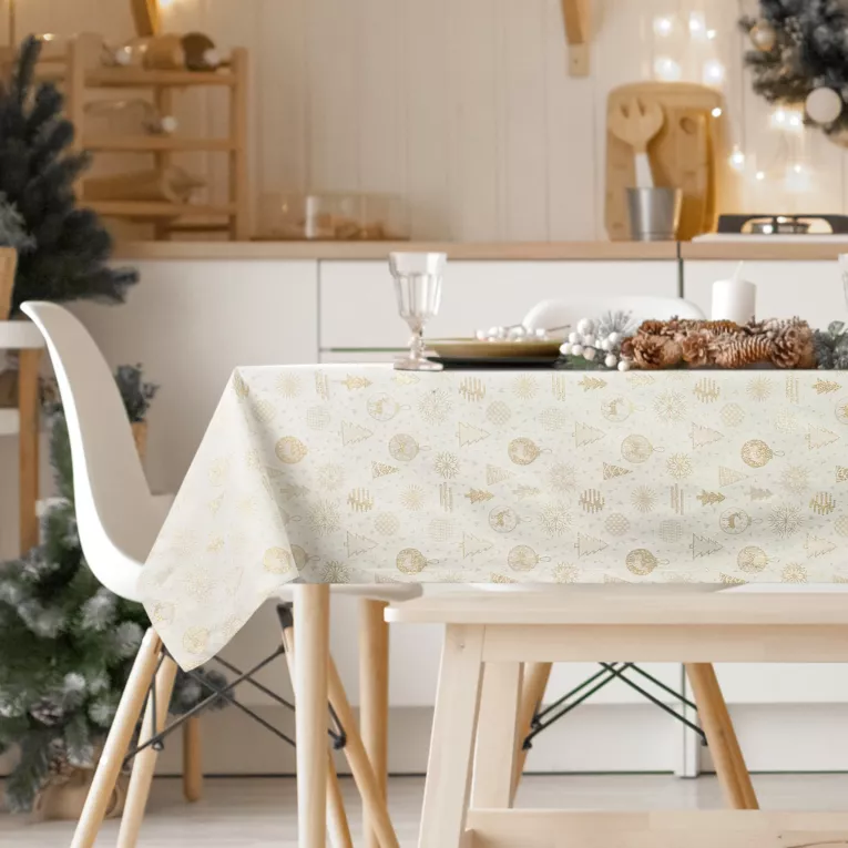 Obrus kremowy 135x180 cm z żakardowej tkaniny FLASH z motywem świątecznym przetykanym złotą nicią