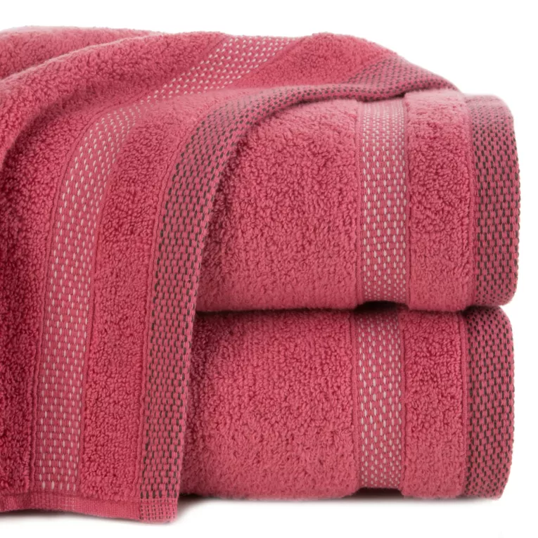 Ręcznik do rąk 30x50 cm bawełniany kolor koralowy zero twist z bordiurą w paski 400 g/m2 RIKI