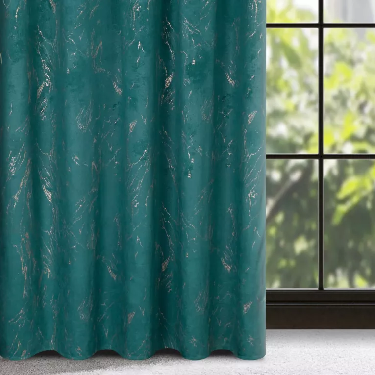 Zasłona welwetowa ciemnoturkusowa ze złotym wzorem przecierki 140x300 cm taśma - NADIA