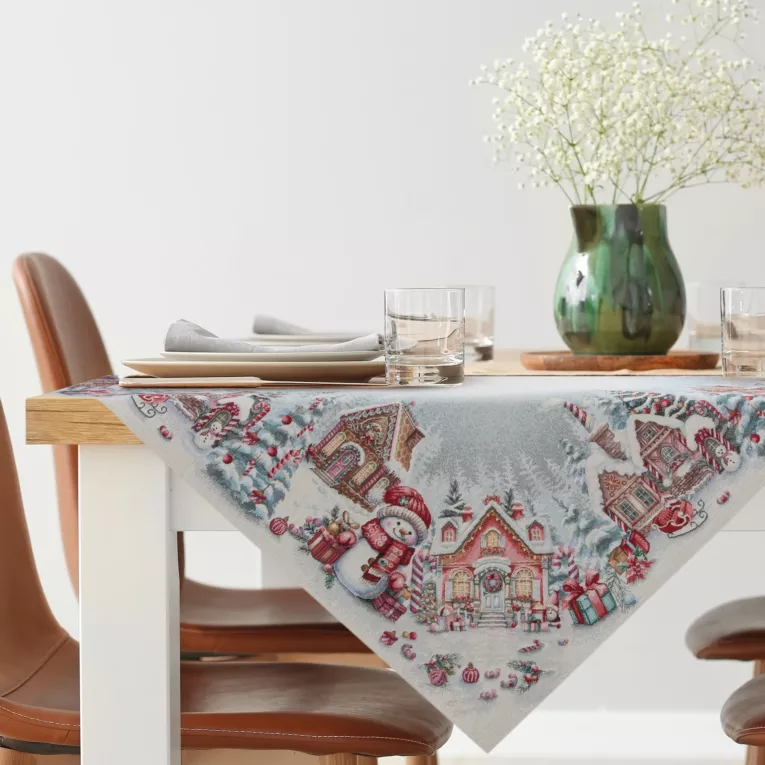 Świąteczny obrus popielato, czerwony 100x100 cm gobelinowy zdobiony tkanym wzorem chatki świętego Mikołaja