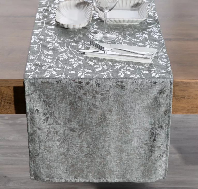 Bieżnik na stół srebrny 40x180 cm z przyjemnej tkaniny SIMONA zdobiony błyszczącym wzorem gałązek